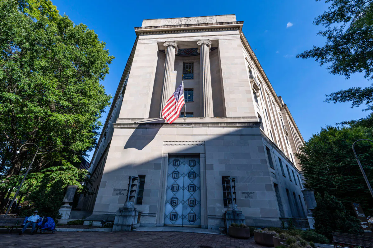 The Department of Justice (DOJ) in Washington on Aug. 12, 2024. (Madalina Vasiliu/The Epoch Times)