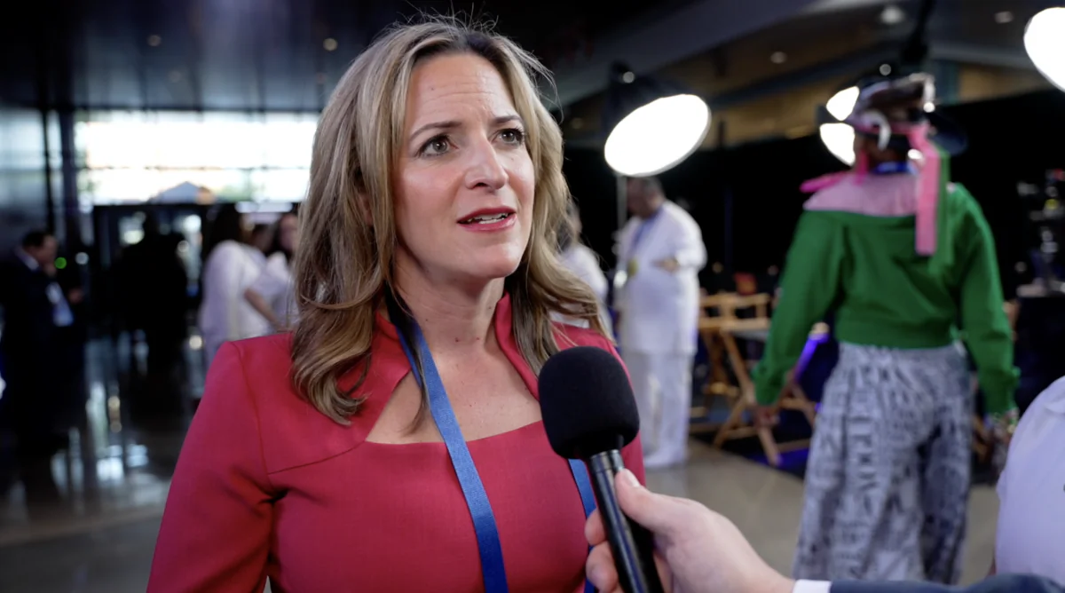 In an image from video, Michigan Secretary of State Jocelyn Benson at the 2024 Democratic National Convention in Chicago, Ill., on Aug. 22, 2024. (The Epoch Times)