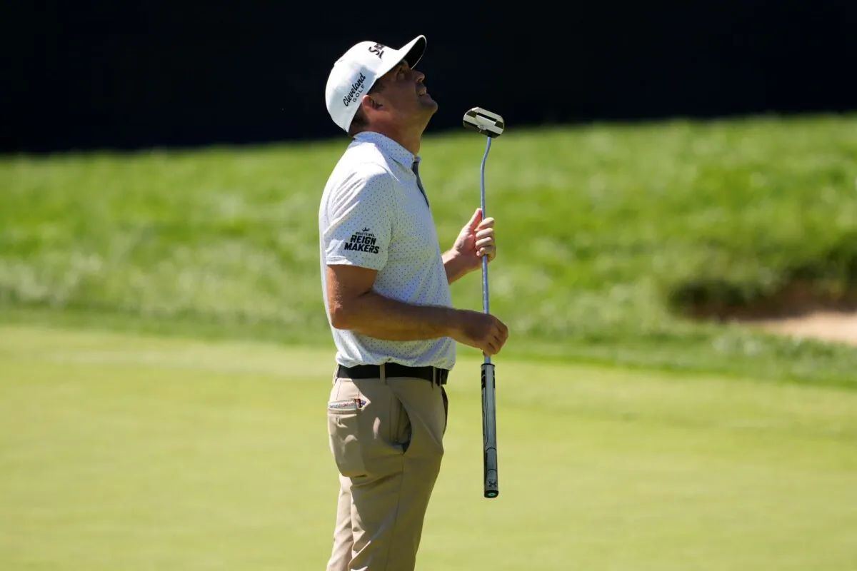 Keegan Bradley looks upward after his shot on the 14th green during the first round of the BMW Championship in Castle Rock, Colo., on Aug. 22, 2024. (Matt York/AP Photo)