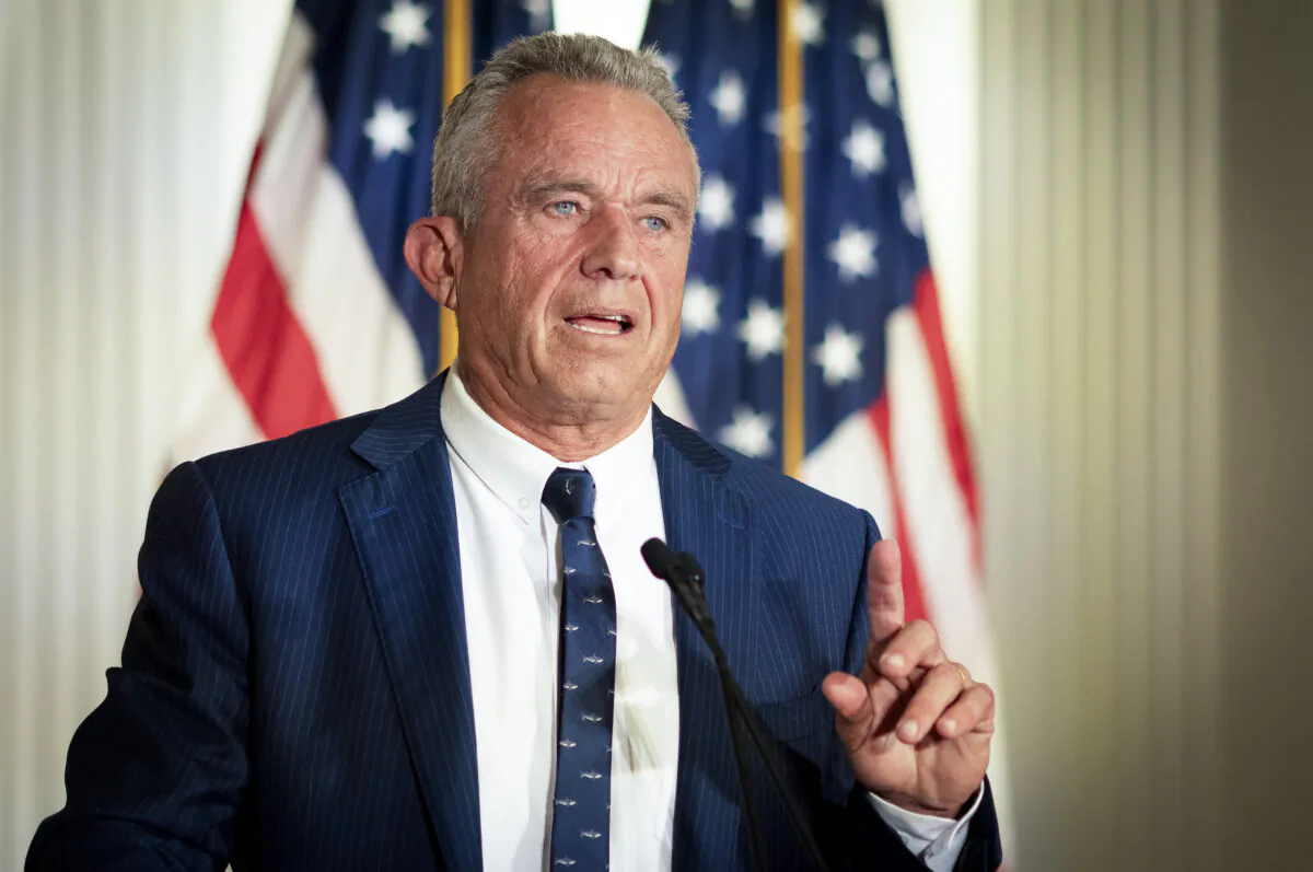 Robert F. Kennedy Jr. speaks at the Nixon library in Yorba Linda, Calif., on June 12, 2024. (John Fredricks/The Epoch Times)