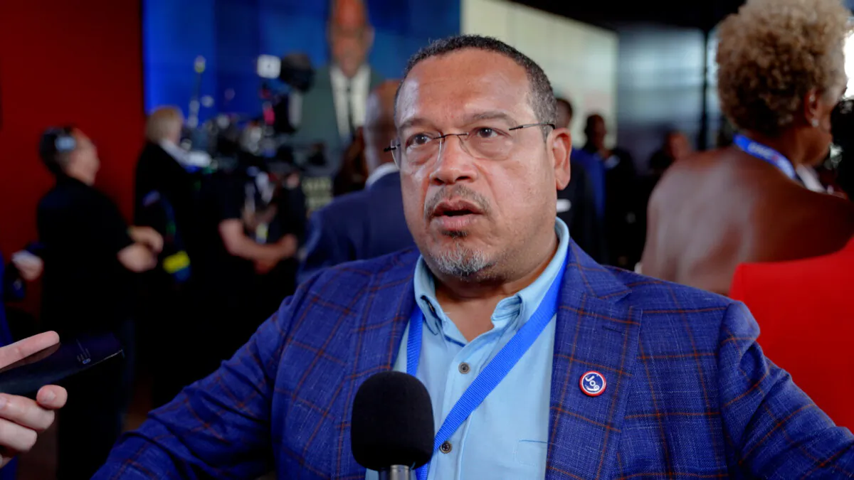 Minnesota Attorney General Keith Ellison Speaks with The Epoch Times’ Jan Jekielek at the Democratic National Convention in Chicago on Aug. 22, 2024, in a still from video. (NTD)