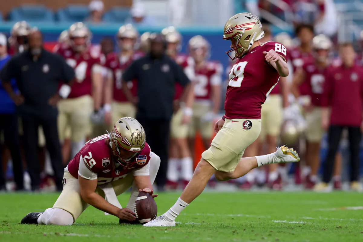 Ryan Fitzgerald #88 of the Florida State Seminoles kicks a field goal in the second quarter against the Georgia Bulldogs during the Capital One Orange Bowl at Hard Rock Stadium in Miami Gardens, Fla., on Dec. 30, 2023. (Megan Briggs/Getty Images)