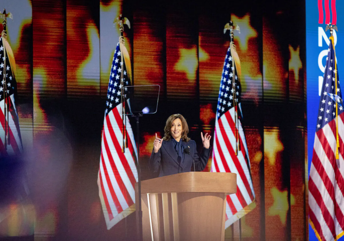 Democratic presidential nominee and Vice President Kamala Harris speaks at the 2024 DNC held in Chicago on Aug. 22, 2024. (John Fredricks/The Epoch Times)