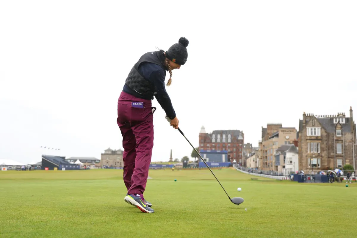 Nelly Korda of United States tees off on the 18th hole during the a Pro-Am ahead of the AIG Women's Open in St Andrews, Scotland, on Aug. 22, 2024. (Michael Reaves/Getty Images)