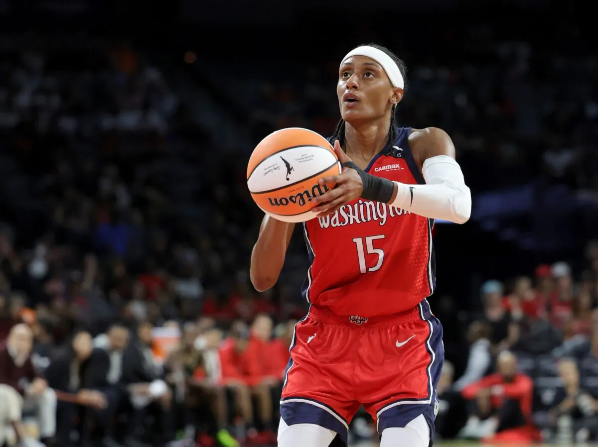 Brittney Sykes (15) of the Washington Mystics shoots a free throw against the Las Vegas Aces in the second quarter of their game in Las Vegas on Aug. 31, 2023. (Ethan Miller/Getty Images)