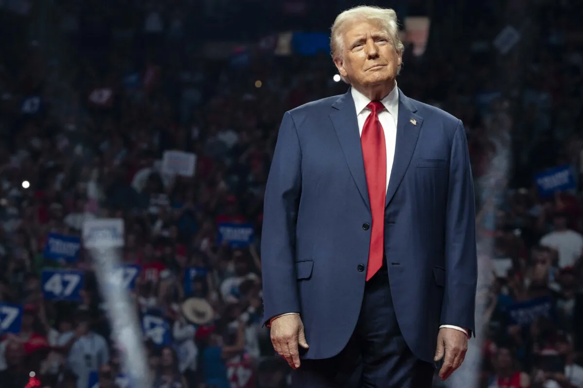 Former President Donald Trump takes the stage during a campaign rally at Desert Diamond Arena in Glendale, Ariz., on Aug. 23, 2024. (Rebecca Noble/Getty Images)