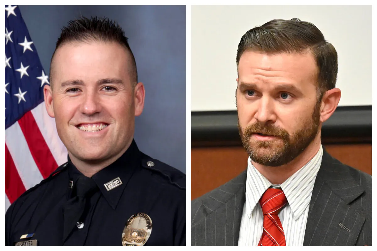 (Left) Louisville Police Det. Joshua Jaynes. (Right) Sgt. Kyle Meany of the Louisville Metro Police Department testifies in Louisville, Ky., on Feb. 23, 2022. (Louisville Police via AP; Timothy D. Easley/Pool via AP Photo)