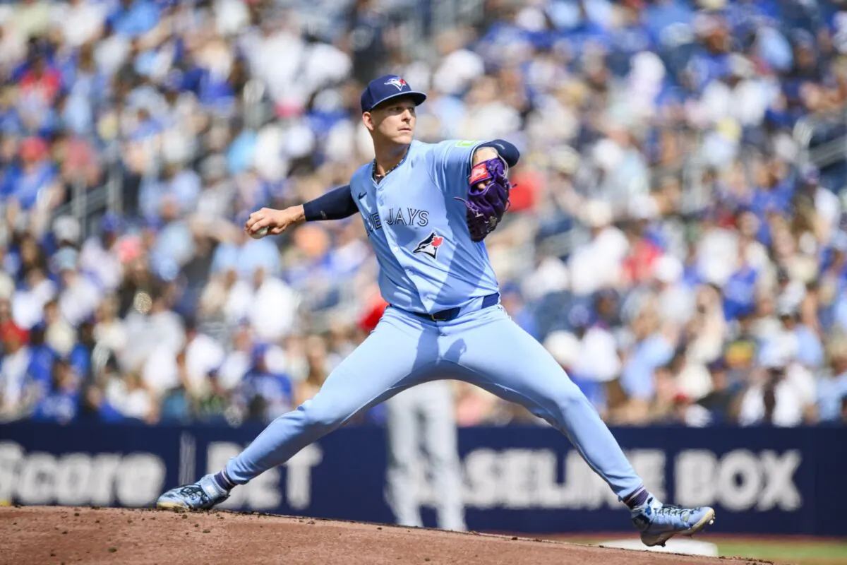 Toronto Blue Jays pitcher Bowden Francis throws the ball during the first inning of a baseball game against the Los Angeles Angels in Toronto on Aug. 24, 2024. (Christopher Katsarov/The Canadian Press via AP)