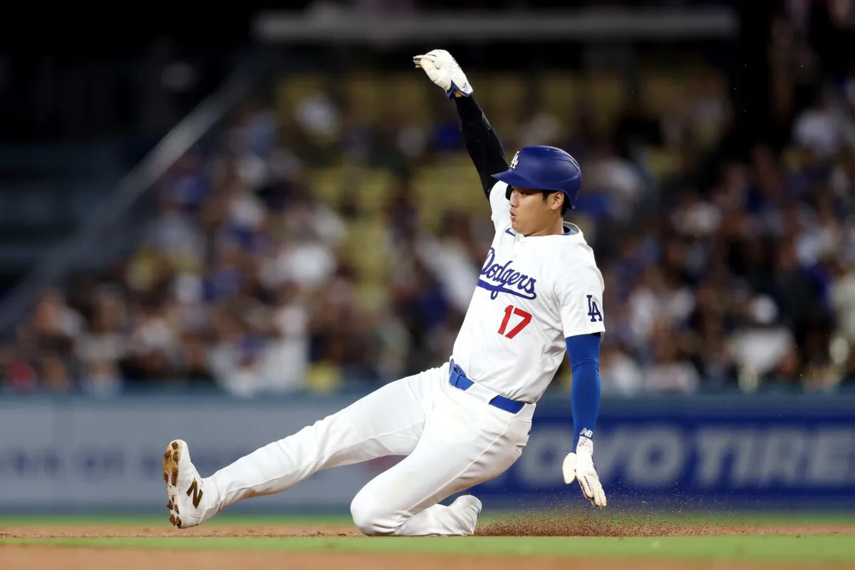 Shohei Ohtani (17) of the Los Angeles Dodgers steals second base during the fourth inning against the Tampa Bay Rays in Los Angeles on Aug. 23, 2024. (Katelyn Mulcahy/Getty Images)