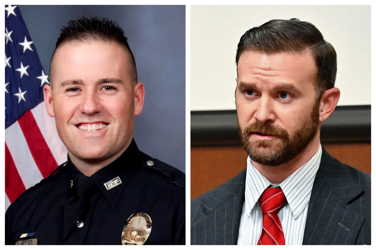 (Left) Louisville Police Det. Joshua Jaynes. (Right) Sgt. Kyle Meany of the Louisville Metro Police Department testifies in Louisville, Ky., on Feb. 23, 2022. (Louisville Police via AP; Timothy D. Easley/Pool via AP Photo)
