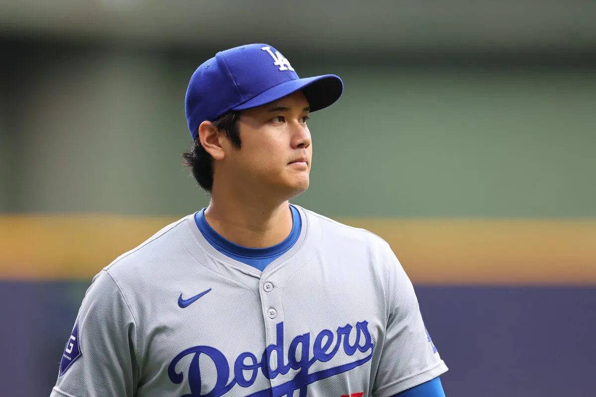 Shohei Ohtani (17) of the Los Angeles Dodgers participates in warmups prior to a game against the Milwaukee Brewers in Milwaukee on Aug. 14, 2024. (Stacy Revere/Getty Images)