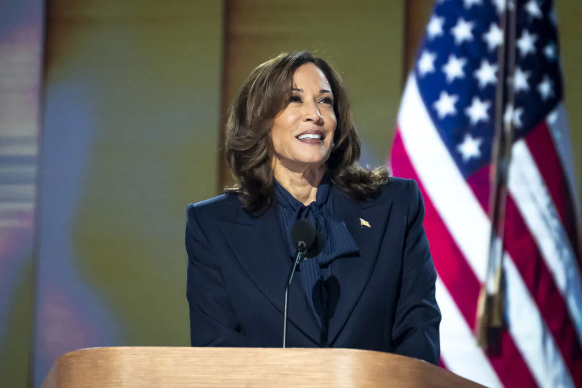 Vice President and Democratic presidential nominee Kamala Harris speaks during the last day of the Democratic National Convention in Chicago on Aug. 22, 2024. (Madalina Vasiliu/The Epoch Times)