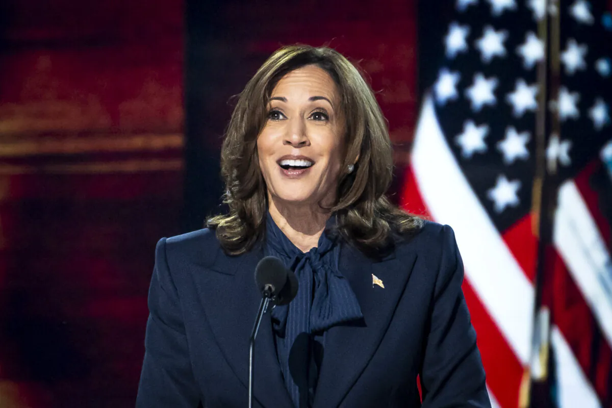 Vice President Kamala Harris speaks during the last day of the Democratic National Convention in Chicago on Aug. 22, 2024. (Madalina Vasiliu/The Epoch Times)