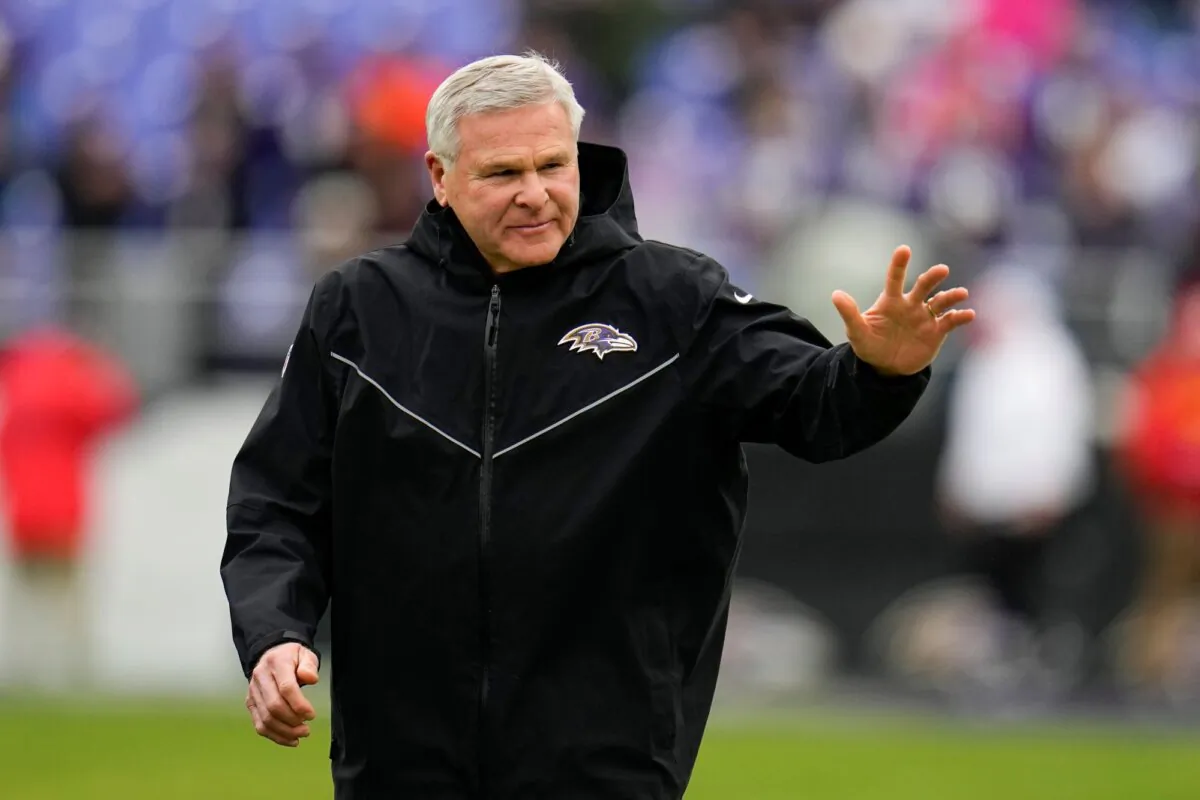 Baltimore Ravens offensive line coach Joe D'Alessandris looks on prior to the AFC Championship Game against the Kansas City Chiefs in Baltimore on Jan. 28, 2024. (Julio Cortez/AP Photo)