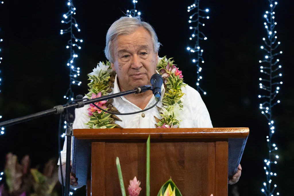 United Nations Secretary-General Antonio Guterres delivers a speech during a banquet dinner with Samoa's Prime Minister Fiame Naomi Mataafa (not pictured) at Robert Louis Stevenson Museum in Apia on August 22, 2024. (Photo by Manaui Faulalo / AFP) (Photo by MANAUI FAULALO/AFP via Getty Images)