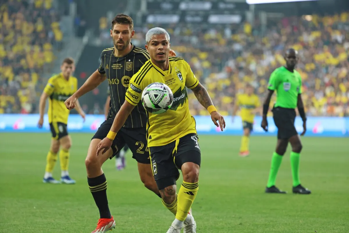 Columbus Crew forward Cucho Hernandez controls the ball as LAFC's Ryan Hollingshead pursues during the Leagues Cup final in Columbus, Ohio, on Aug 25, 2024. (Trevor Ruszkowski/USA TODAY via Field Level Media)
