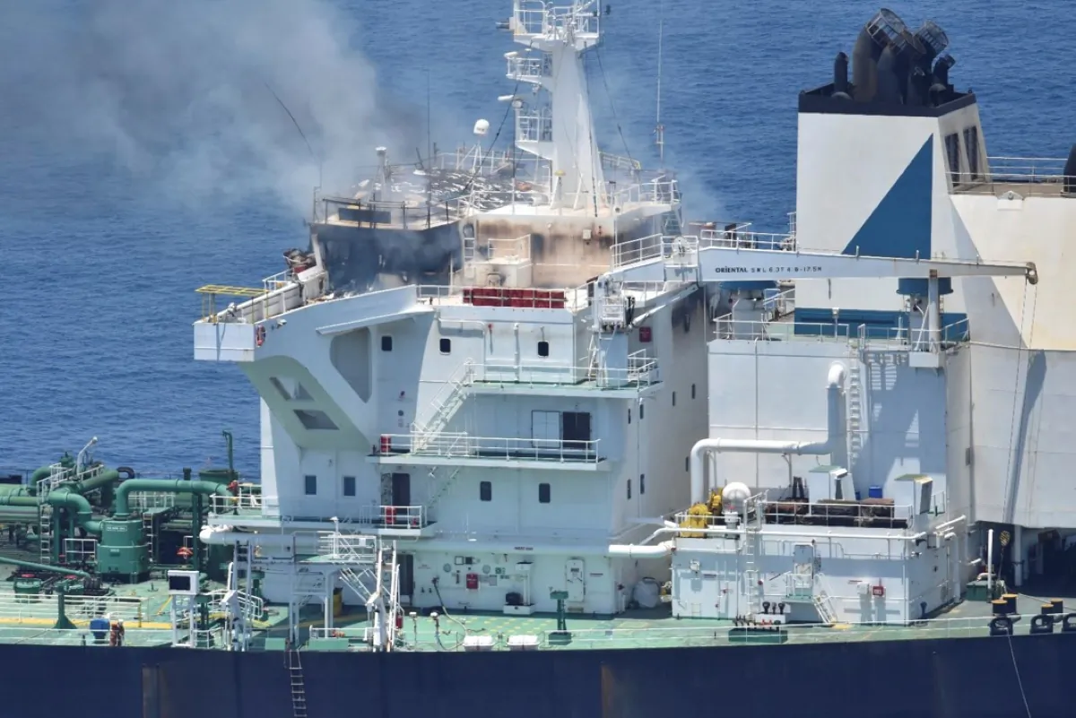 Fires burn aboard the oil tanker Sounion in the Red Sea on Aug. 25, 2024. (European Union's Operation Aspides via AP)