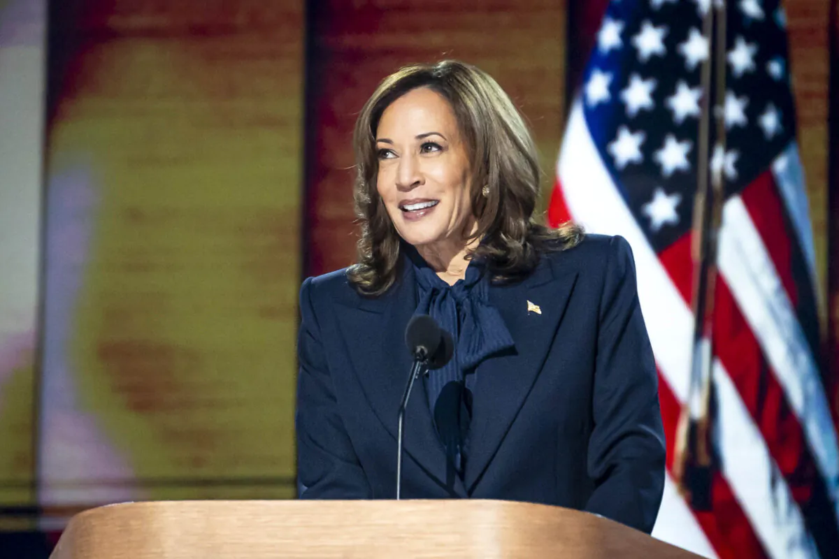 Vice President and Democratic presidential nominee Kamala Harris speaks during the last day of the Democratic National Convention in Chicago on Aug. 22, 2024. (Madalina Vasiliu/The Epoch Times)