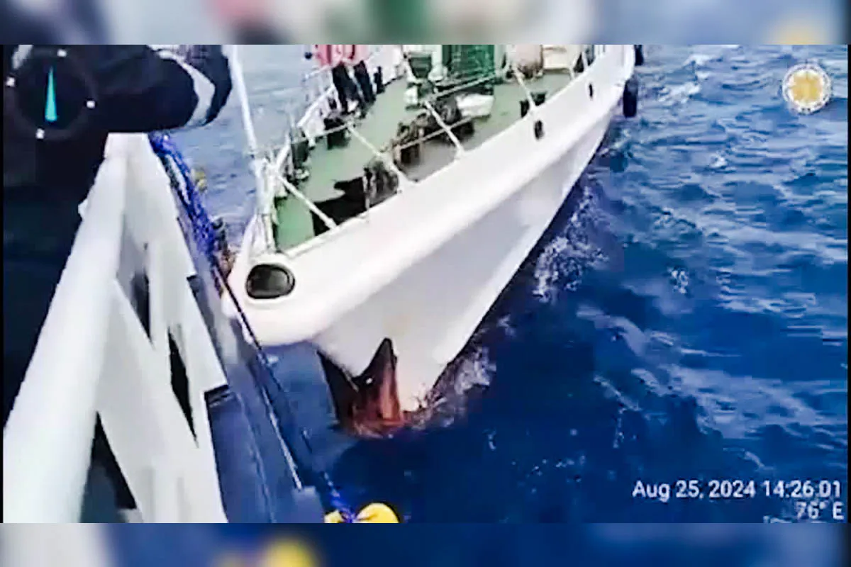 A screengrab from video footage shows the moment of a collision between coast guard vessels from China and the Philippines on Aug. 25, 2024. (National Task Force for the West Philippine Sea via Reuters/Screenshot via The Epoch Times)