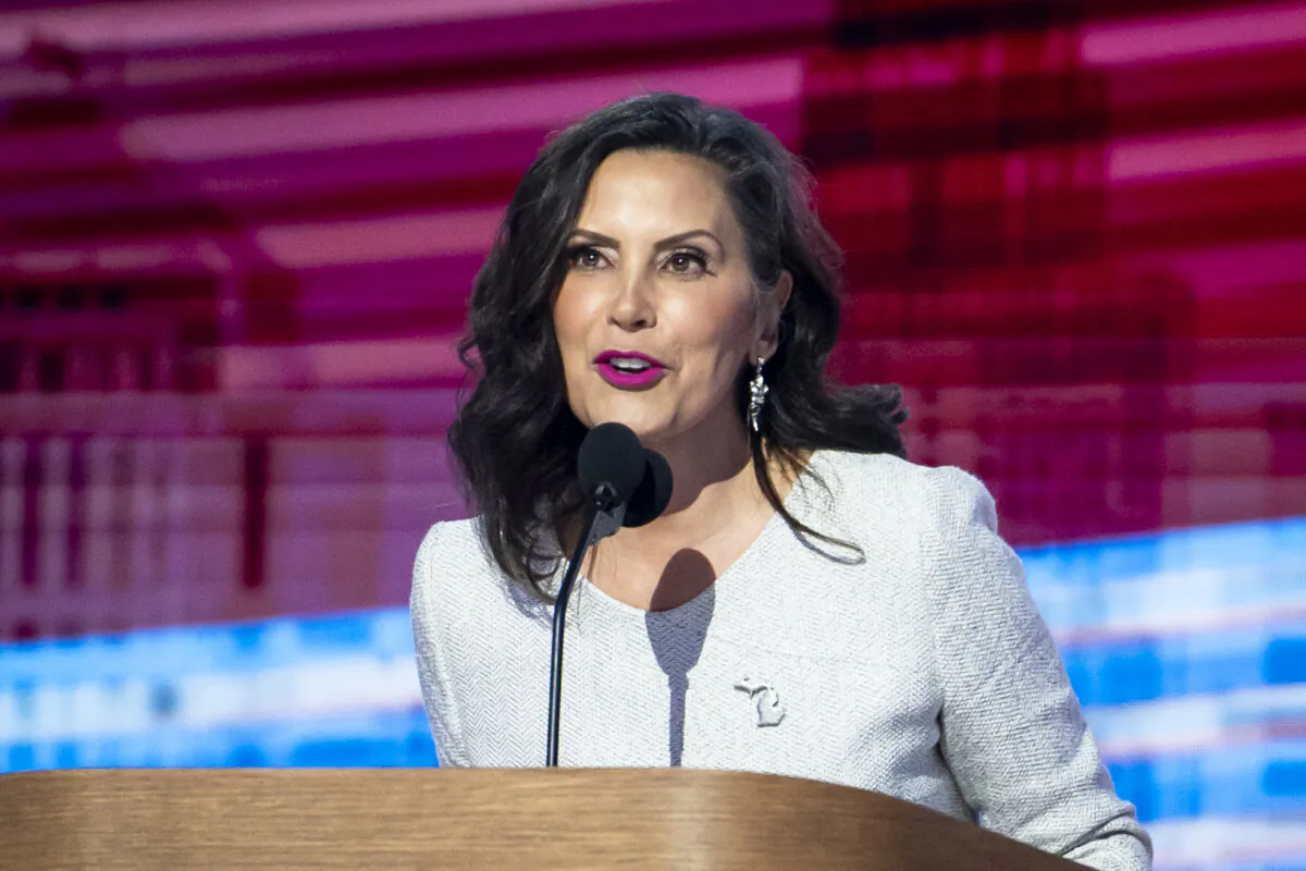 Michigan Gov. Gretchen Whitmer speaks during the last day of the Democratic National Convention in Chicago on Aug. 22, 2024. (Madalina Vasiliu/The Epoch Times)