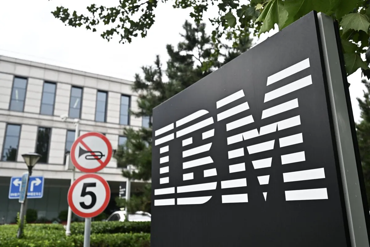 The IBM logo is seen at the entrance to its China System Center building in Beijing on Aug. 26, 2024. (Pedro Pardo/AFP via Getty Images)