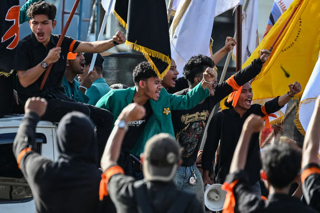 University students take part in a protest against a move to overturn a Constitutional Court ruling that changed eligibility rules for candidates in the general election, in Banda Aceh, Indonesia, on Aug. 26, 2024. (CHAIDEER MAHYUDDIN/AFP via Getty Images)
