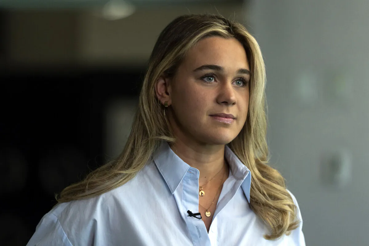 Paralympic swimmer Ali Truwit during an interview with The Associated Press, following practice at Chelsea Piers Athletic Club in Stamford, Conn., on Aug. 2, 2024. (Julia Nikhinson/AP Photo)