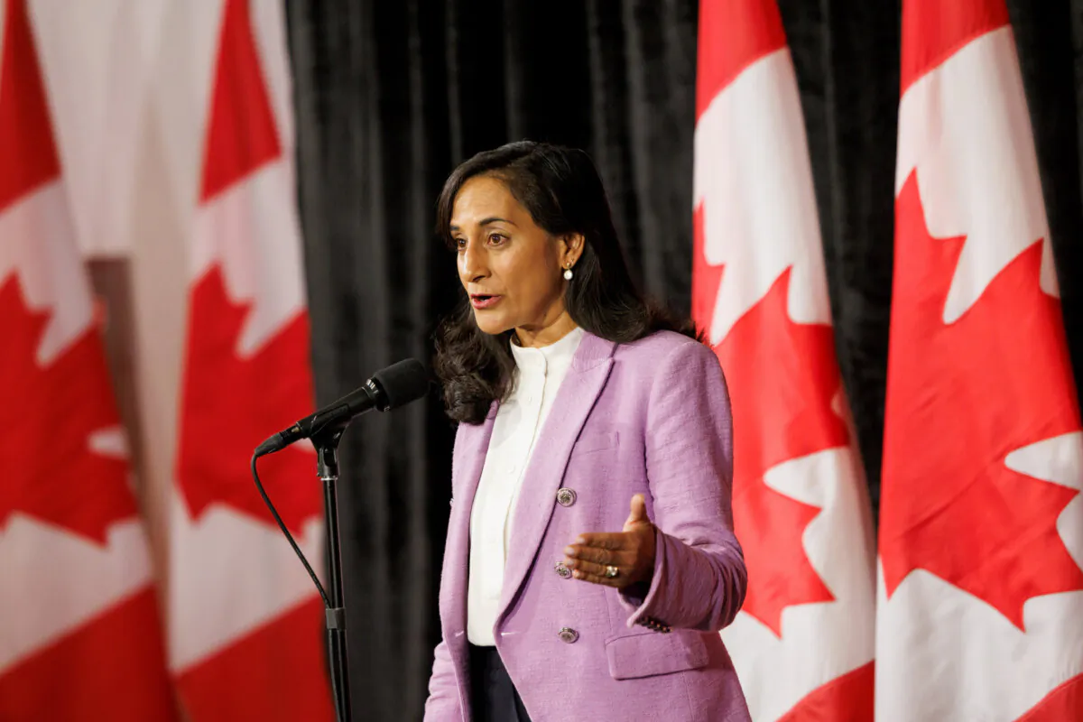 Industry Minister Anita Anand speaks to media at the federal ministers cabinet retreat in Halifax on Aug. 27, 2024. (Kelly Clark/The Canadian Press)