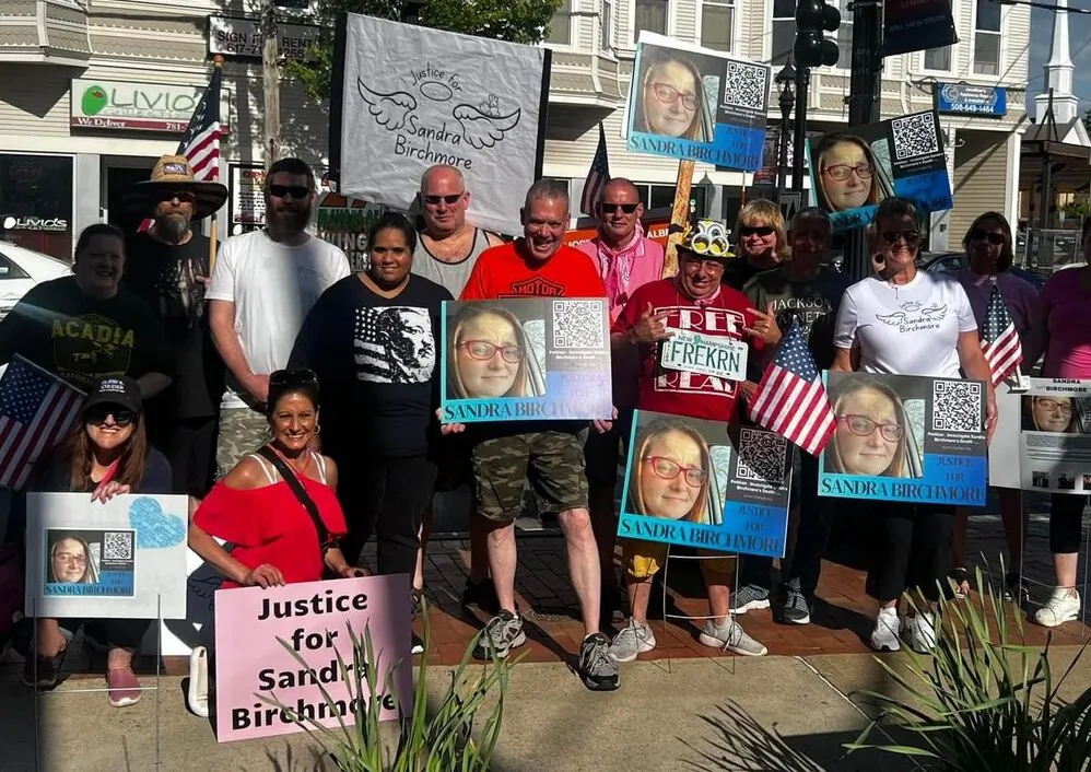 People gather in Canton, Mass., to show their support for continuing the investigation into the alleged suicide of Sandra Birchmore in February 2024. (Courtesy of JusticeForSandraBirchmore.com)