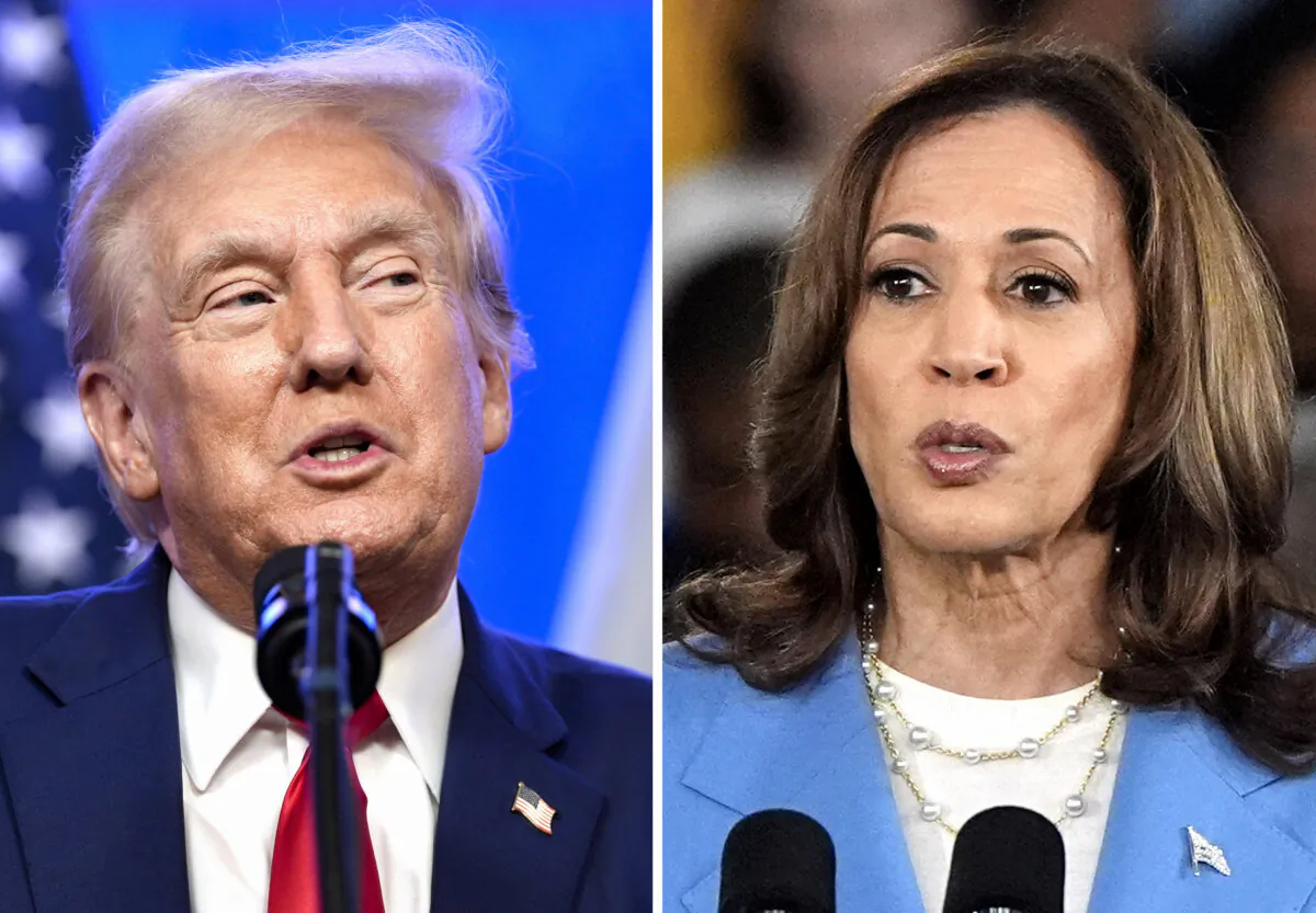 (Left) Former President Donald Trump at an event in Bedminster, N.J., on Aug. 15, 2024. (Right) Vice President Kamala Harris at a campaign event in Raleigh, N.C., on Aug. 16, 2024. (AP Photo)