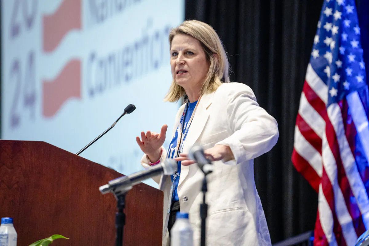 President of the AFL-CIO Liz Shuler speaks at the Labor Caucus at the Hyatt Regency McCormick Place during the first day of the Democratic National Convention (DNC) in Chicago on Aug. 19, 2024. (Madalina Vasiliu/The Epoch Times)