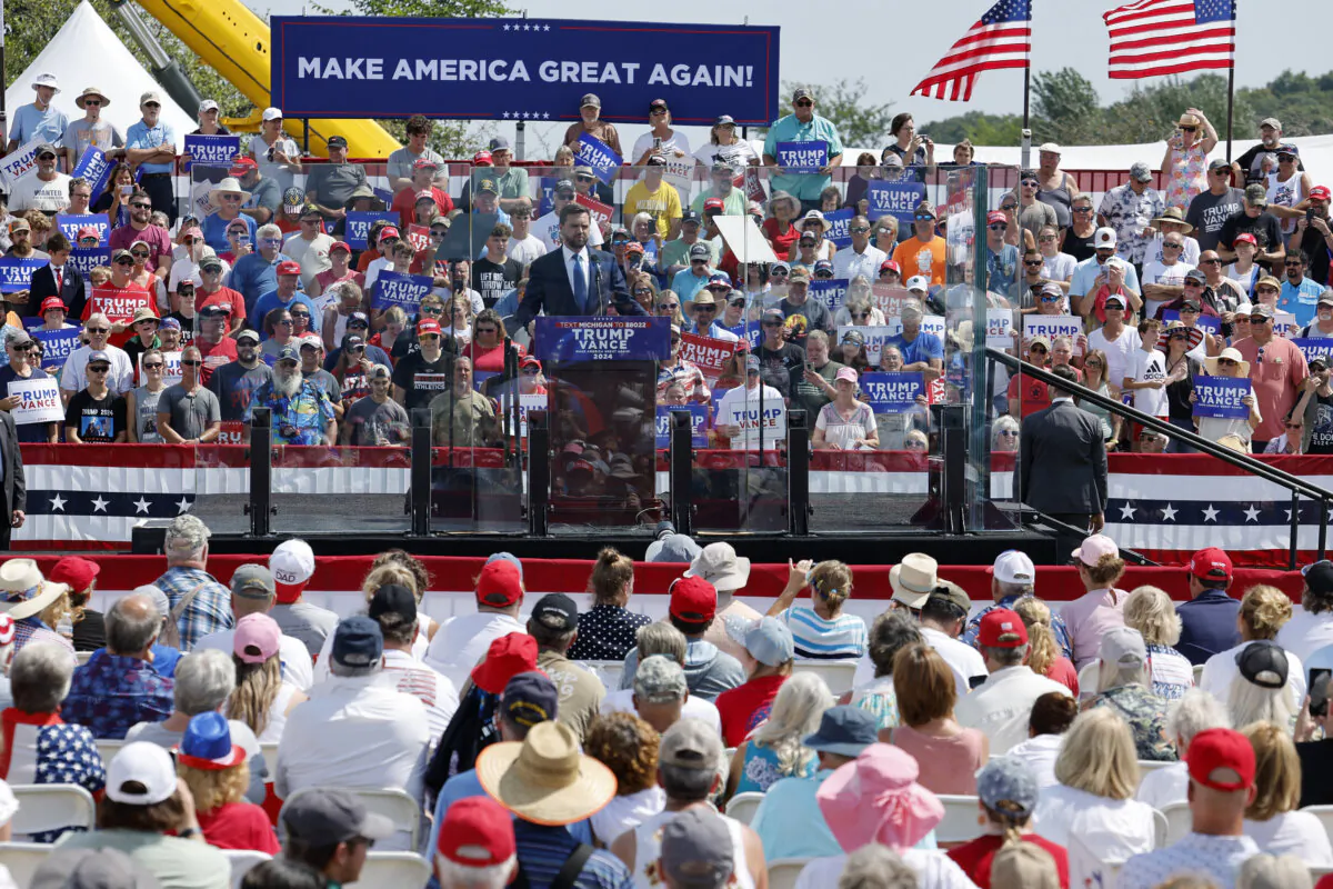 Senator and Republican vice presidential candidate JD Vance speaks about the economy at Majestic Friesians Horse Farms in Big Rapids, Mich., on Aug. 27, 2024. (Jeff Kowalsky/AFP via Getty Images)