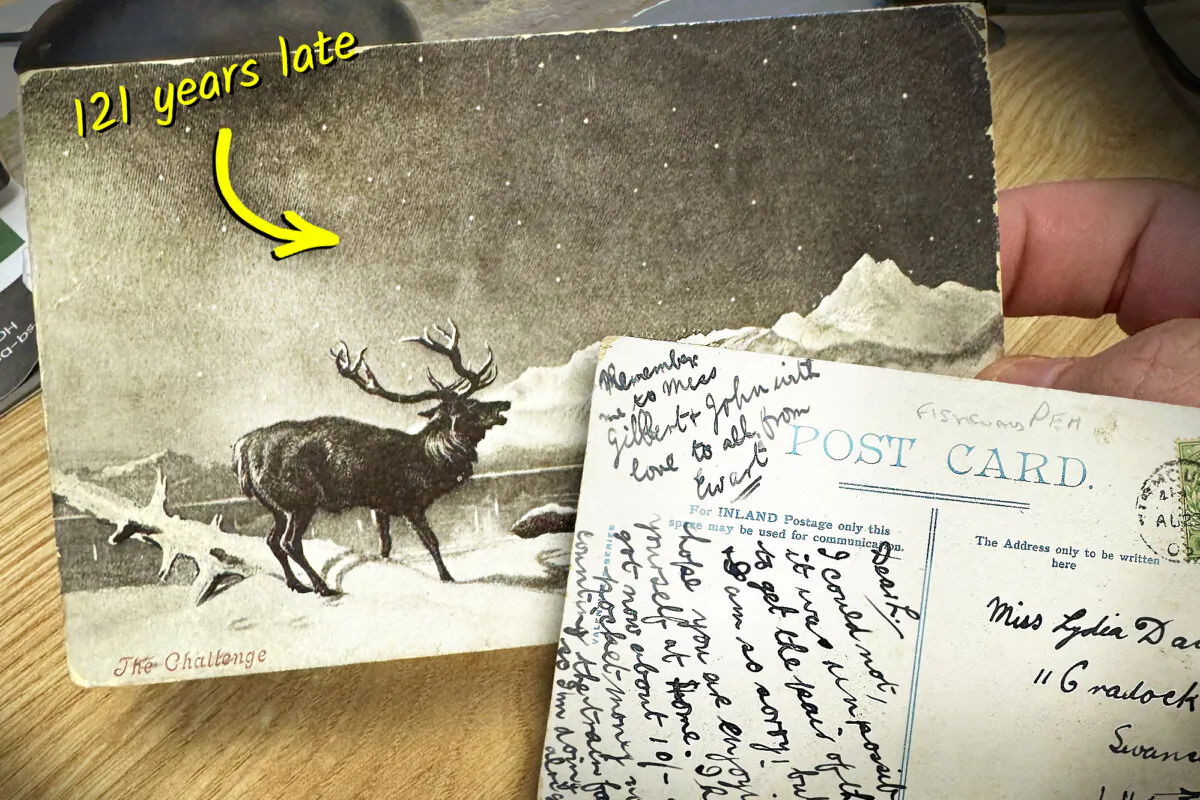 A 121-year-old postcard arrives at its destination after being mailed in 1903. (Courtesy of Swansea Building Society)