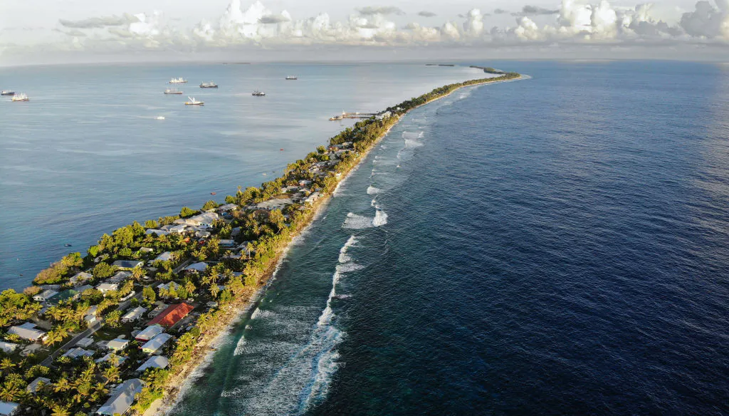 An aerial view of a strip of land between the Pacific Ocean (R) and lagoon in Funafuti, Tuvalu, on Nov. 28, 2019. (Mario Tama/Getty Images)