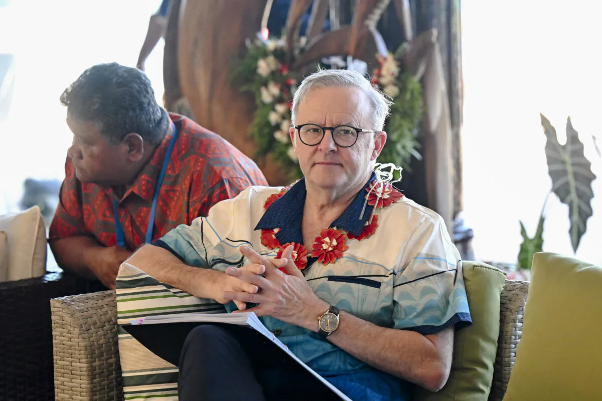 Australian Prime Minister Anthony Albanese attends the leader’s retreat during the 53rd Pacific Islands Forum Leaders Meeting in Vava’u, Tonga, on Aug. 29, 2024. (AAP Image/Lukas Coch)