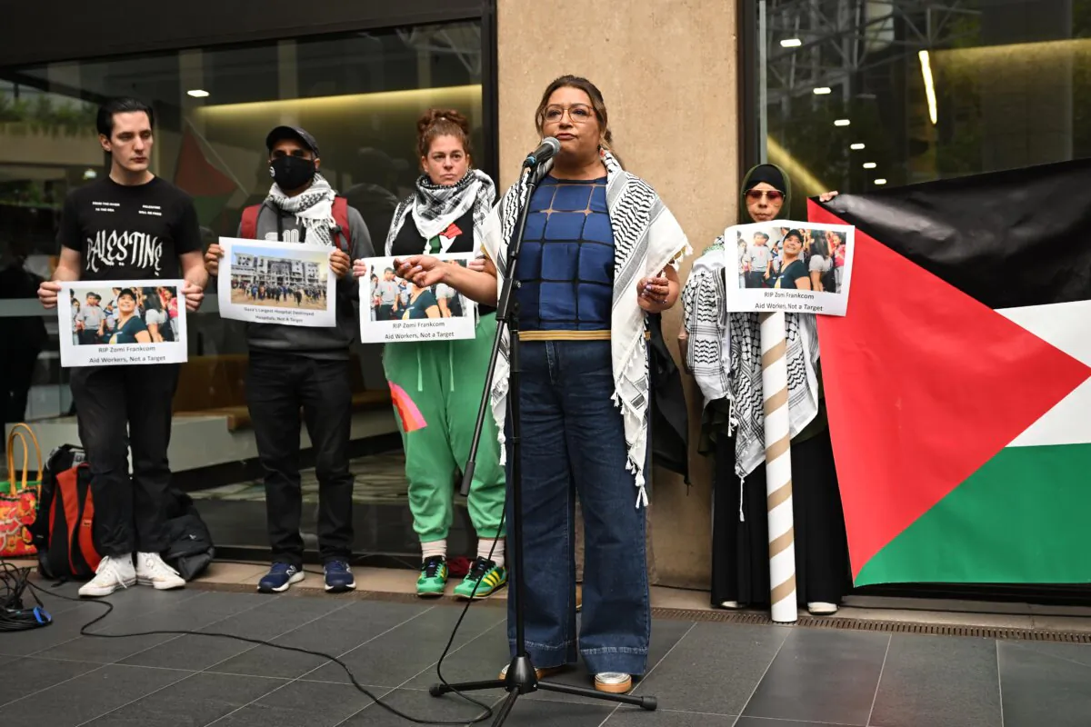 Australian Greens Senator Mehreen Faruqi (2nd R) speaks at a Pro-Palestine demonstration in Melbourne, Australia, on April 3, 2024. (AAP Image/James Ross)