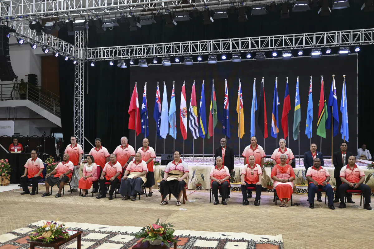 Leaders pose for a photo at the Pacific Islands Forum leaders meeting in Nuku'alofa, Tonga, on Aug. 26, 2024. (Ben Mckay/AAP Image via AP)