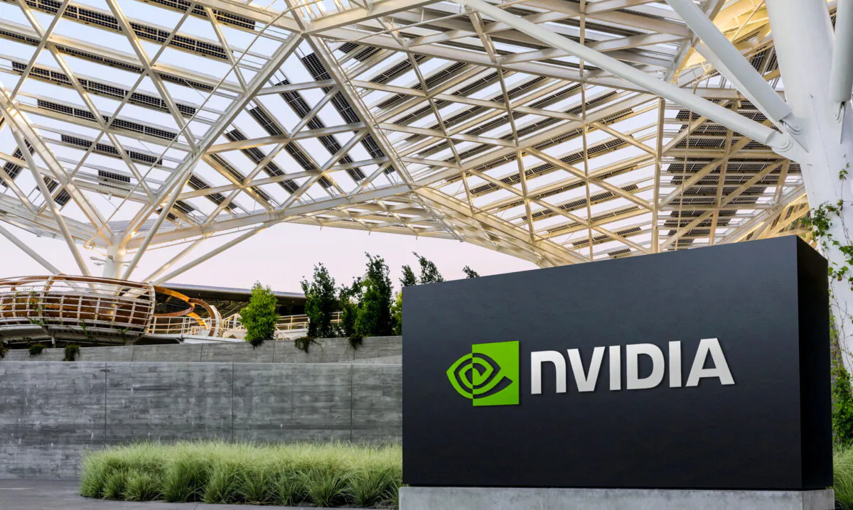 The logo of Nvidia at its corporate headquarters in Santa Clara, Calif., in May 2022. (Courtesy of NVIDIA/Handout via Reuters)