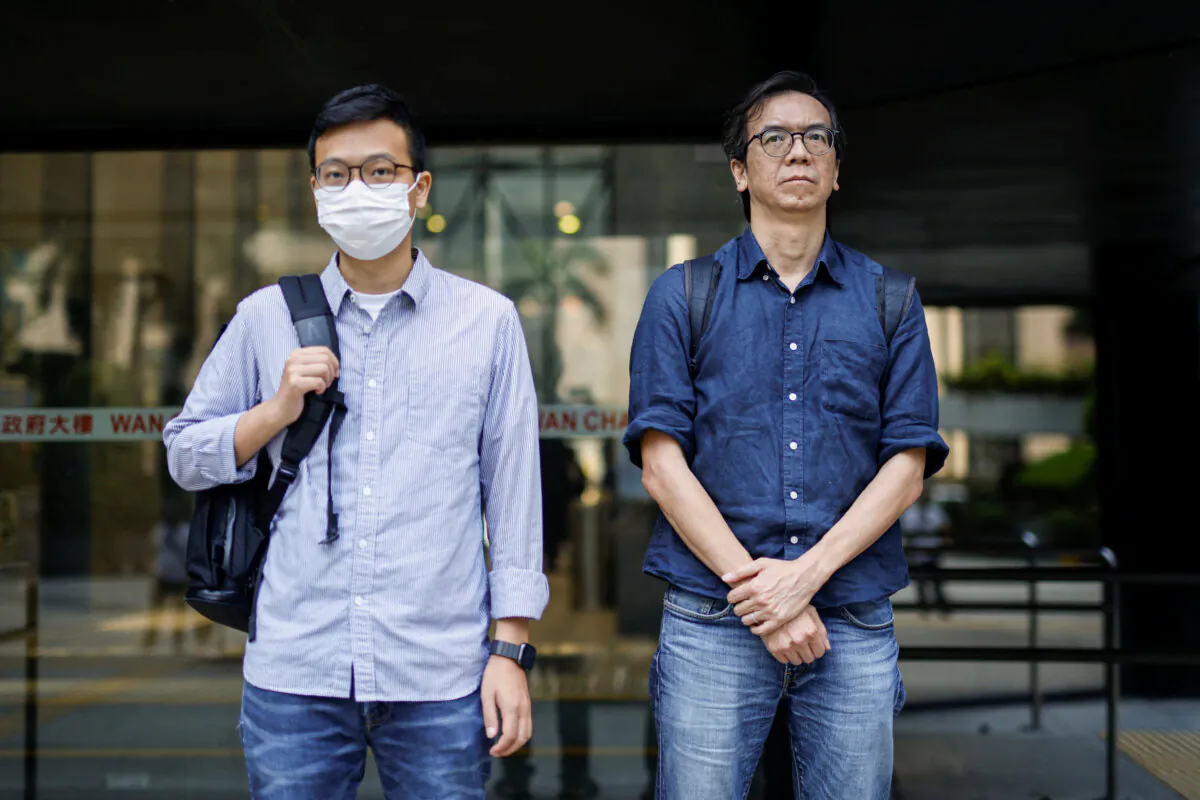 Chung Pui-kuen, former chief editor of the now-shuttered Stand News, and Patrick Lam, former acting chief editor, leave the District Court during the hearing on charges of conspiring to publish seditious publications, in Hong Kong on June 27, 2023. (Tyrone Siu/Reuters)
