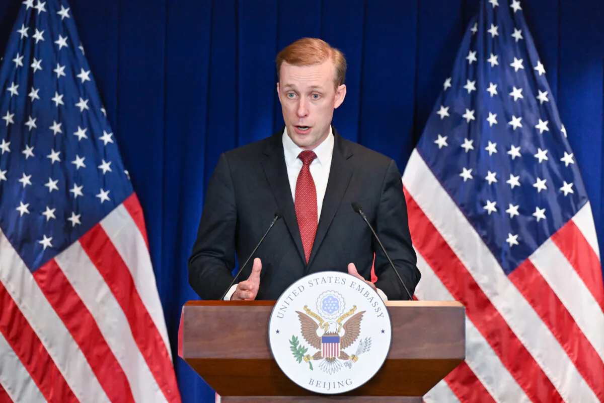 U.S. national security adviser Jake Sullivan speaks during a press conference at the U.S. Embassy in Beijing on Aug. 29, 2024. (Adek Berry/AFP via Getty Images)