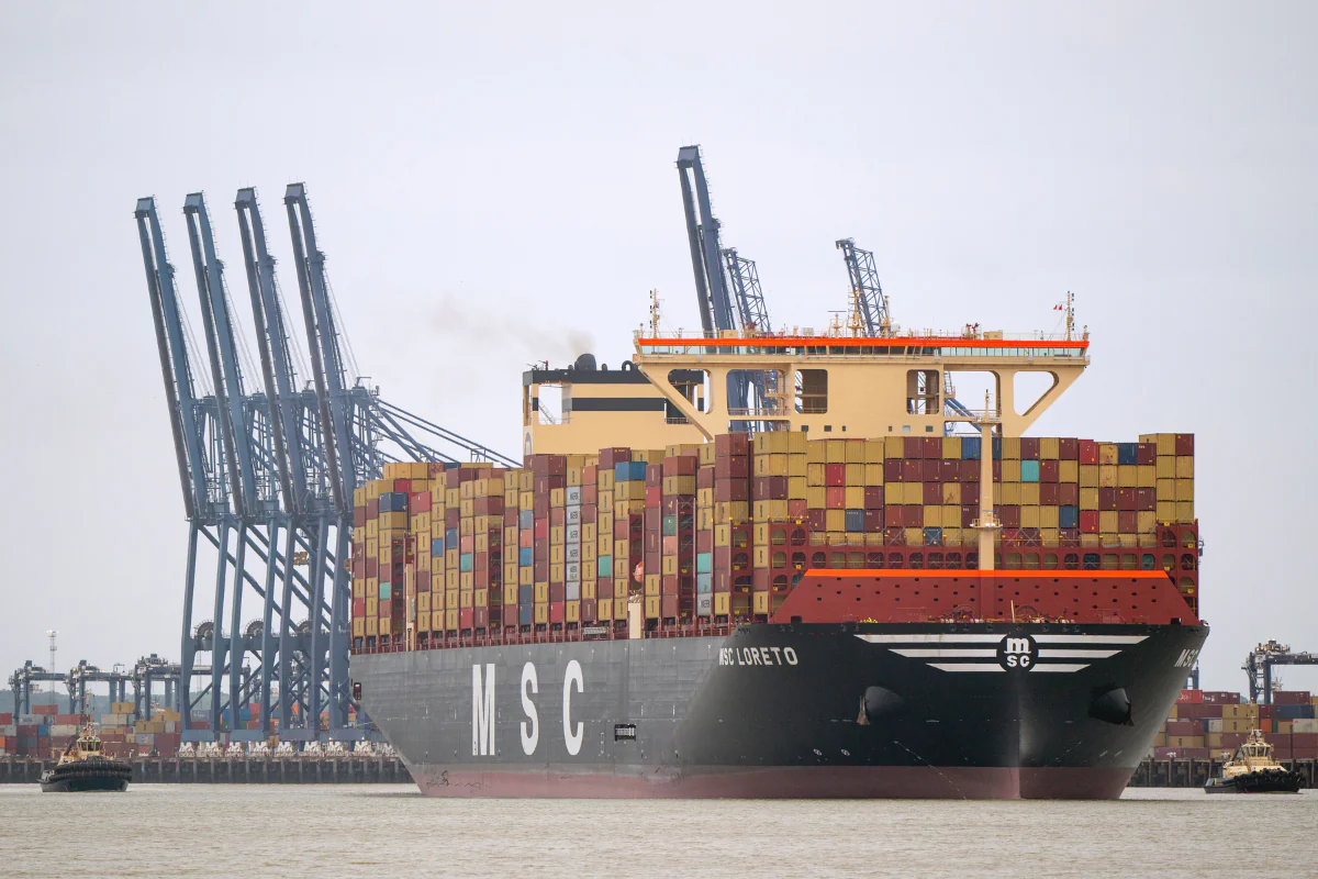 The world’s largest cargo ship MSC Loreto leaves the Port of Felixstowe in Suffolk, England, on June 2, 2023. (Joe Giddens/PA Wire)