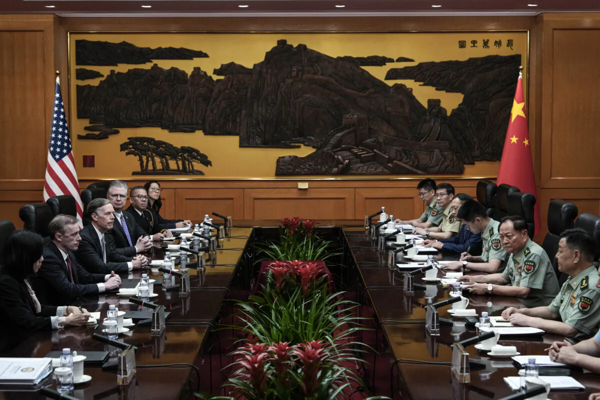 US National Security Adviser Jake Sullivan (2nd-L) attends a meeting with Vice chairman of the CPC Central Military Commission Zhang Youxia (2nd-R) at the Bayi building in Beijing on Aug. 29, 2024. (Ng Han Guan/POOL/AFP via Getty Images)