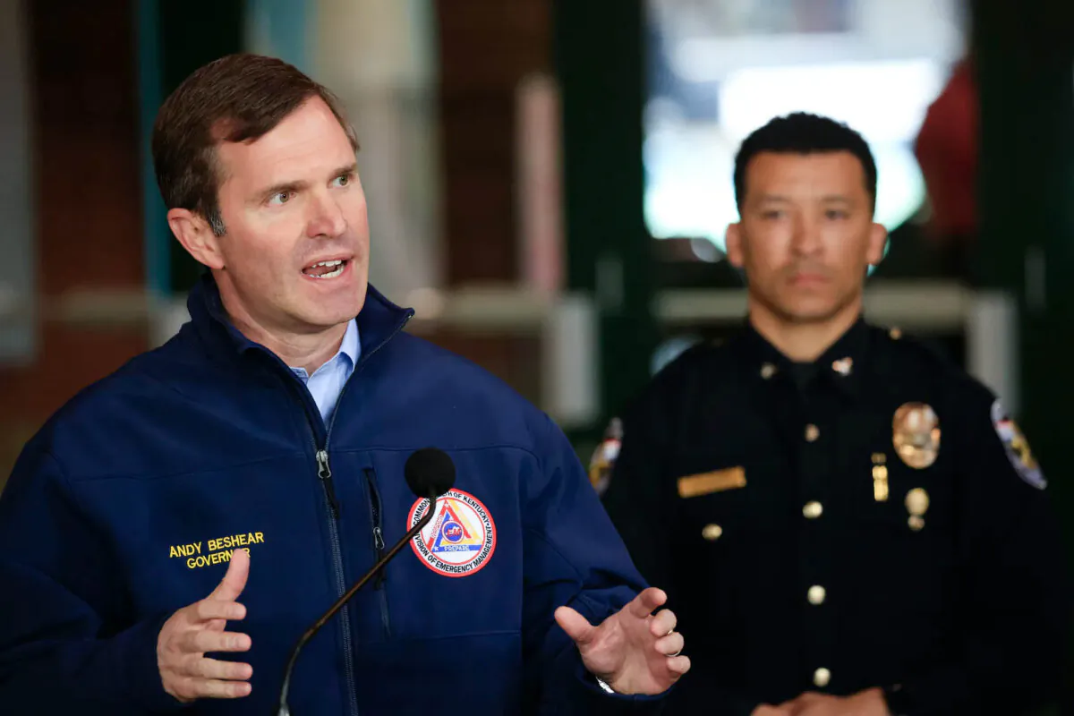 Kentucky Gov. Andy Beshear speaks during a news conference after a gunman opened fire at the Old National Bank building in Louisville on April 10, 2023. (Luke Sharrett/Getty Images)