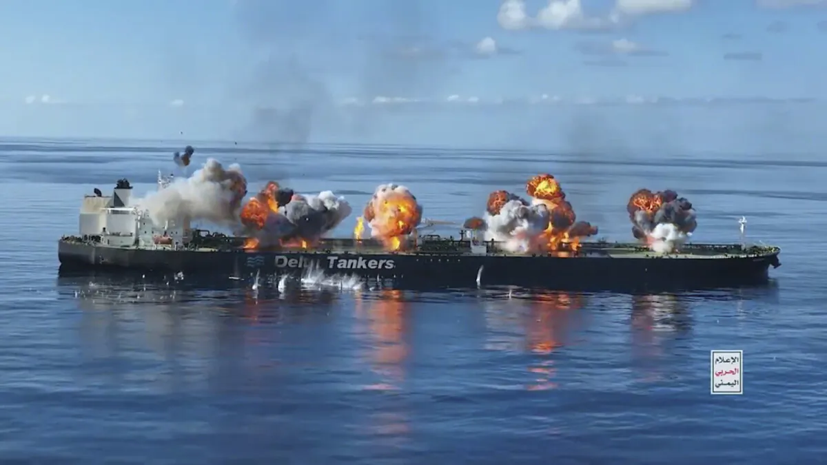 Explosions striking the Greek-flagged oil tanker Sounion in the Red Sea after Yemen's Houthi terrorists boarded and set explosives on the tanker, in a still from video released on Aug. 29, 2024. (Ansar Allah Media Office via AP)