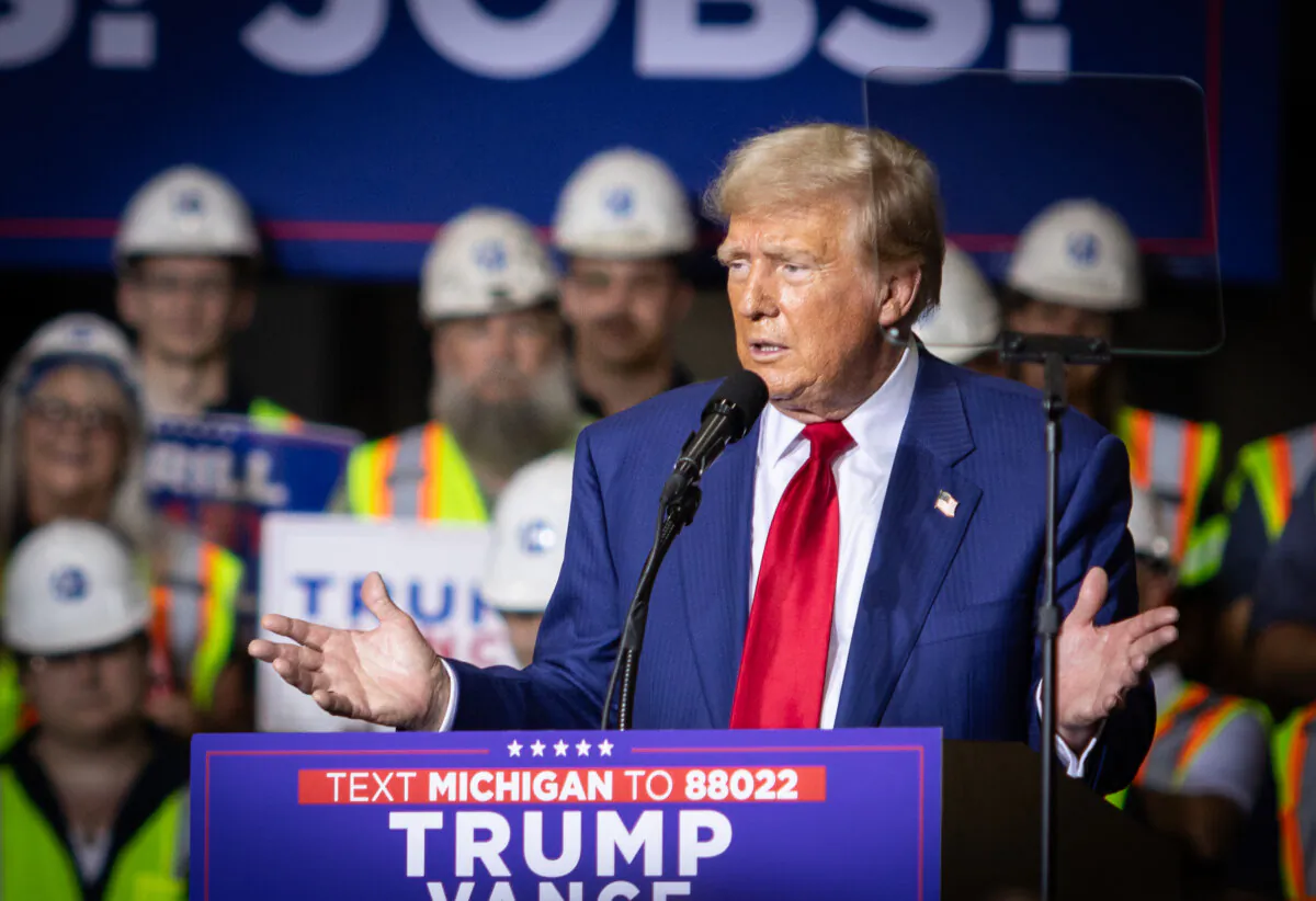 Former president and 2024 presidential nominee Donald Trump speaks in Potterville, Michigan, on Aug. 29, 2024. (John Fredricks/The Epoch Times)