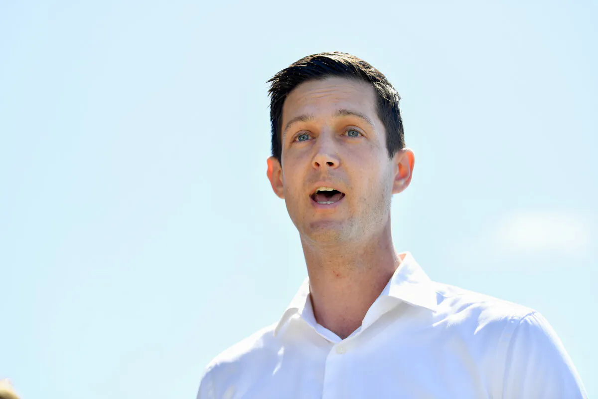NSW Liberal candidate for Pittwater Rory Amon speaks to the media during a press conference at Mona Vale Beach in Sydney on Feb. 15, 2023. (AAP Image/Bianca De Marchi)