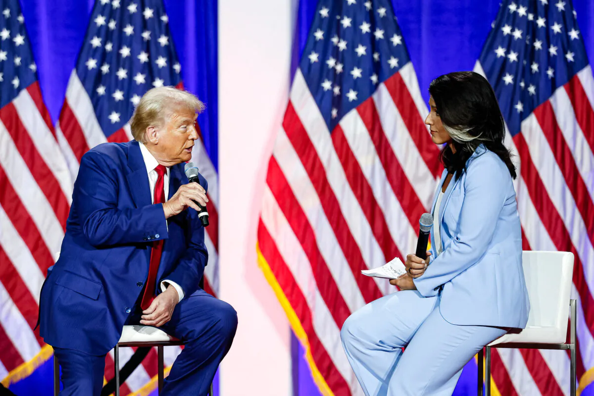 Former U.S. President and Republican presidential candidate Donald Trump speaks during a town hall meeting moderated by former U.S. Rep. Tulsi Gabbard at La Crosse Center in La Crosse, Wis., on Aug. 29, 2024. (Kamil Krzaczynski/AFP via Getty Images)
