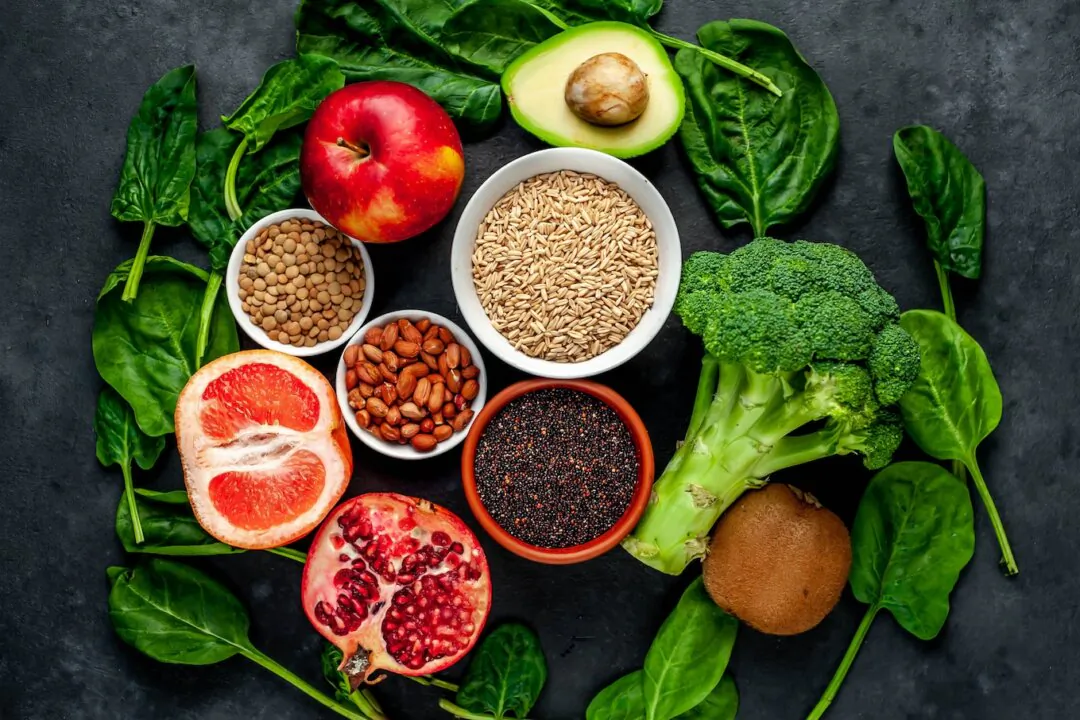 Selection of "healthy" foods: fruits, seeds, cereals, and vegetables.