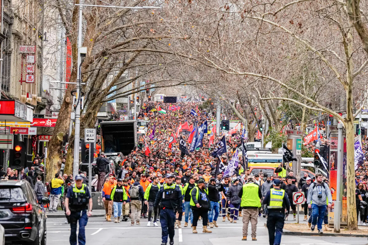 CFMEU members march in protest in Melbourne, Australia, on Aug. 27, 2024. (Asanka Ratnayake/Getty Images)