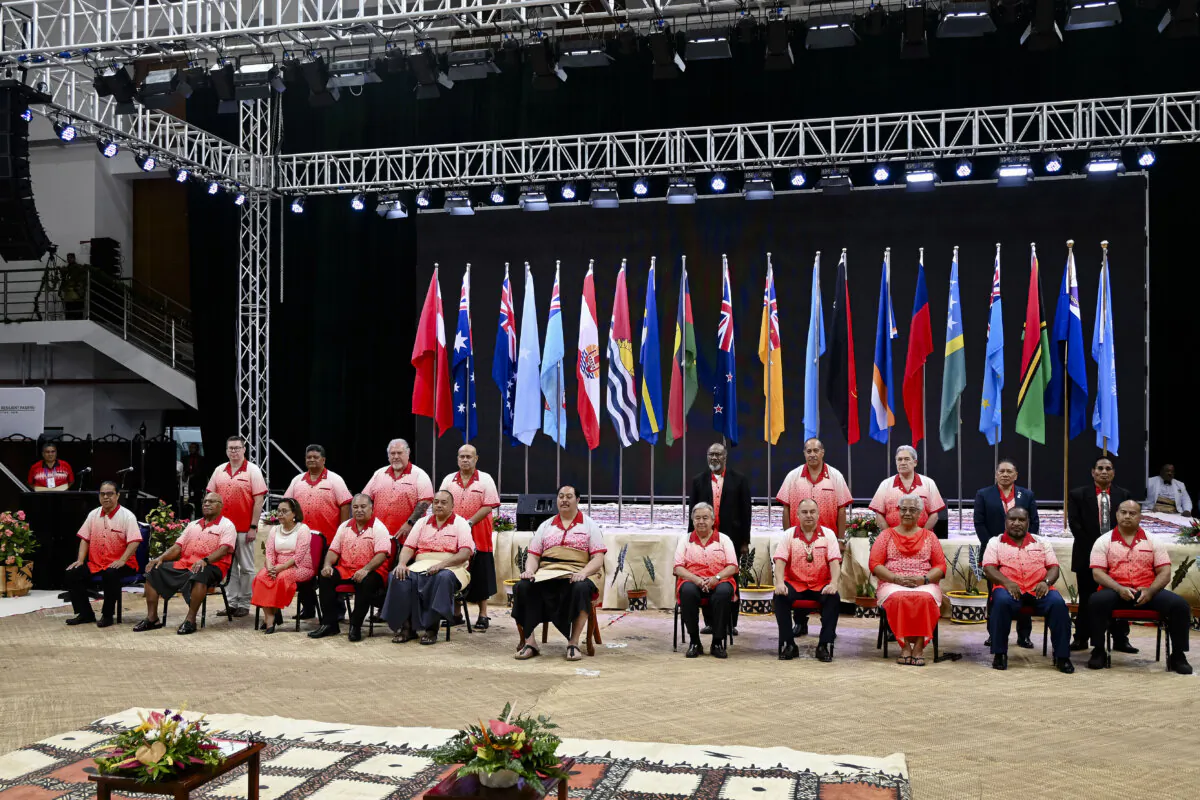 Leaders pose for a photo at the Pacific Islands Forum leaders meeting in Nuku'alofa, Tonga, on Aug. 26, 2024. (Ben Mckay/AAP Image via AP)